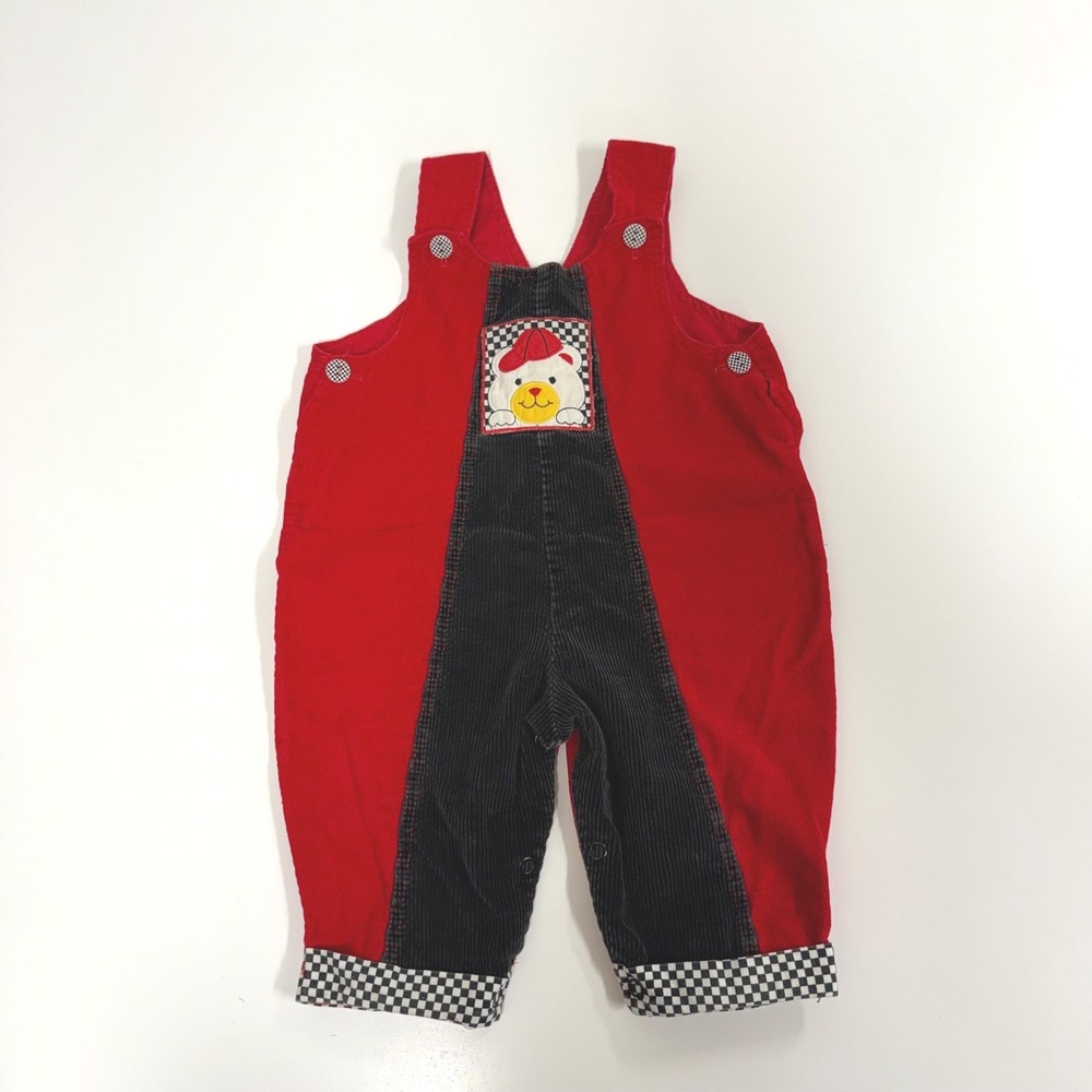 Vintage red and black teddy bear corduroy overalls- Baby 6-9 Months